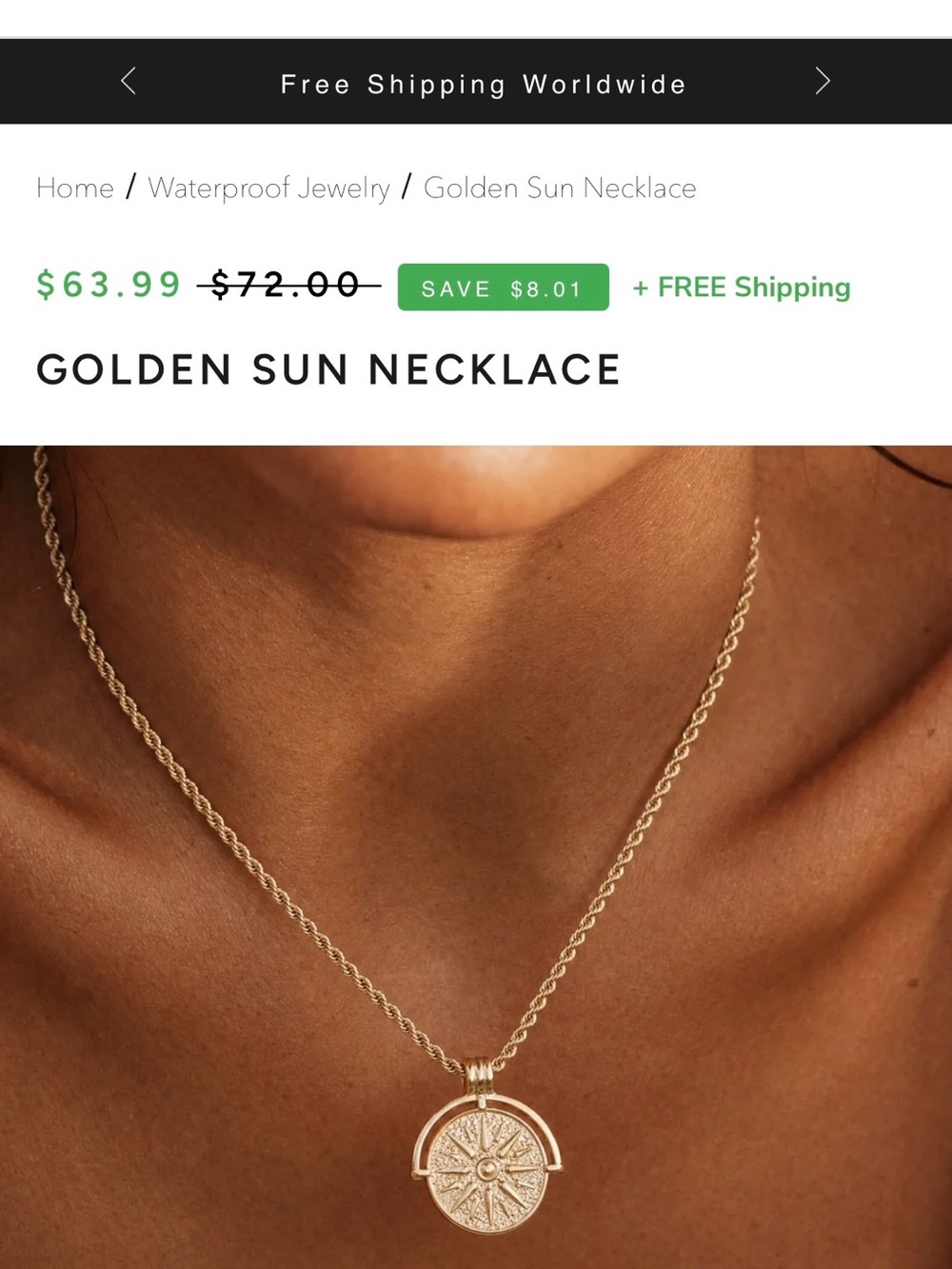 Atolea Golden Sun tarnish-free necklace - Picture 4 of 5